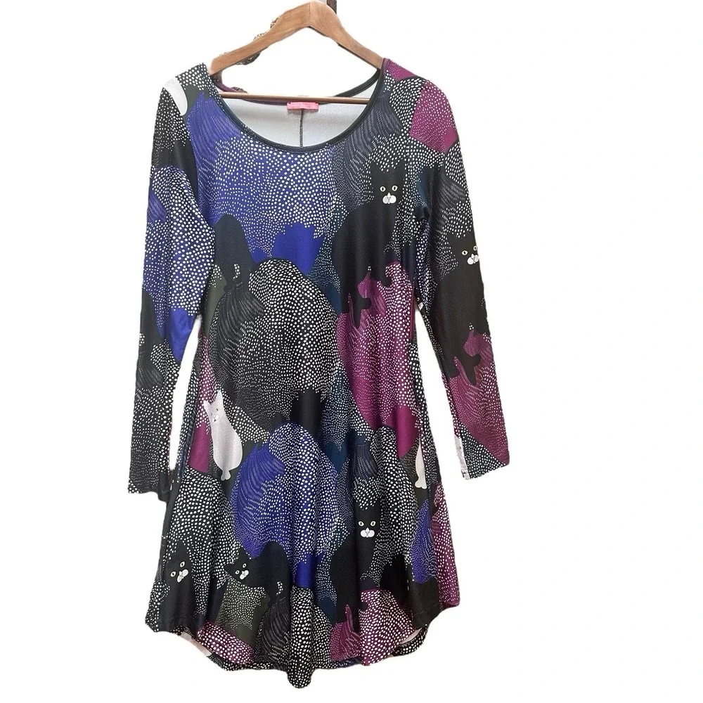 Simply Aster Dress Black Cat Artsy Art to Wear Skater Whimsigoth Stretchy Size S